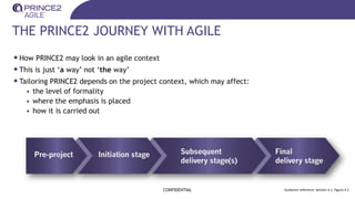 THE PRINCE2 JOURNEY WITH AGILE
•How PRINCE2 may look in an agile context
•This is just ‘a way’ not ‘the way’
•Tailoring PRINCE2 depends on the project context, which may affect:
• the level of formality
• where the emphasis is placed
• how it is carried out
CONFIDENTIAL Guidance reference: Section 4.1, Figure 4.1
 