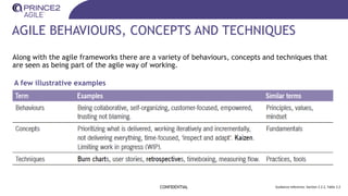 AGILE BEHAVIOURS, CONCEPTS AND TECHNIQUES
Along with the agile frameworks there are a variety of behaviours, concepts and techniques that
are seen as being part of the agile way of working.
CONFIDENTIAL Guidance reference: Section 2.2.2, Table 2.2
A few illustrative examples
 