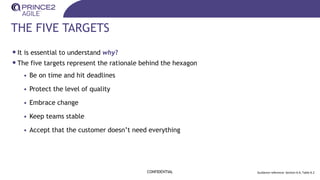 THE FIVE TARGETS
•It is essential to understand why?
•The five targets represent the rationale behind the hexagon
• Be on time and hit deadlines
• Protect the level of quality
• Embrace change
• Keep teams stable
• Accept that the customer doesn’t need everything
CONFIDENTIAL Guidance reference: Section 6.4, Table 6.2
 