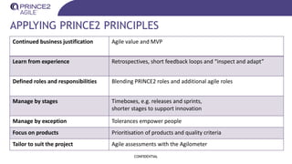 APPLYING PRINCE2 PRINCIPLES
CONFIDENTIAL
Continued business justification Agile value and MVP
Learn from experience Retrospectives, short feedback loops and “inspect and adapt”
Defined roles and responsibilities Blending PRINCE2 roles and additional agile roles
Manage by stages Timeboxes, e.g. releases and sprints,
shorter stages to support innovation
Manage by exception Tolerances empower people
Focus on products Prioritisation of products and quality criteria
Tailor to suit the project Agile assessments with the Agilometer
 