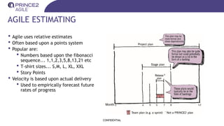 AGILE ESTIMATING
• Agile uses relative estimates
• Often based upon a points system
• Popular are:
• Numbers based upon the fibonacci
sequence... 1,1,2,3,5,8,13,21 etc
• T-shirt sizes... S,M, L, XL, XXL
• Story Points
• Velocity is based upon actual delivery
• Used to empirically forecast future
rates of progress
CONFIDENTIAL
 
