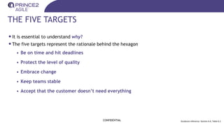 THE FIVE TARGETS
•It is essential to understand why?
•The five targets represent the rationale behind the hexagon
• Be on time and hit deadlines
• Protect the level of quality
• Embrace change
• Keep teams stable
• Accept that the customer doesn’t need everything
CONFIDENTIAL Guidance reference: Section 6.4, Table 6.2
 