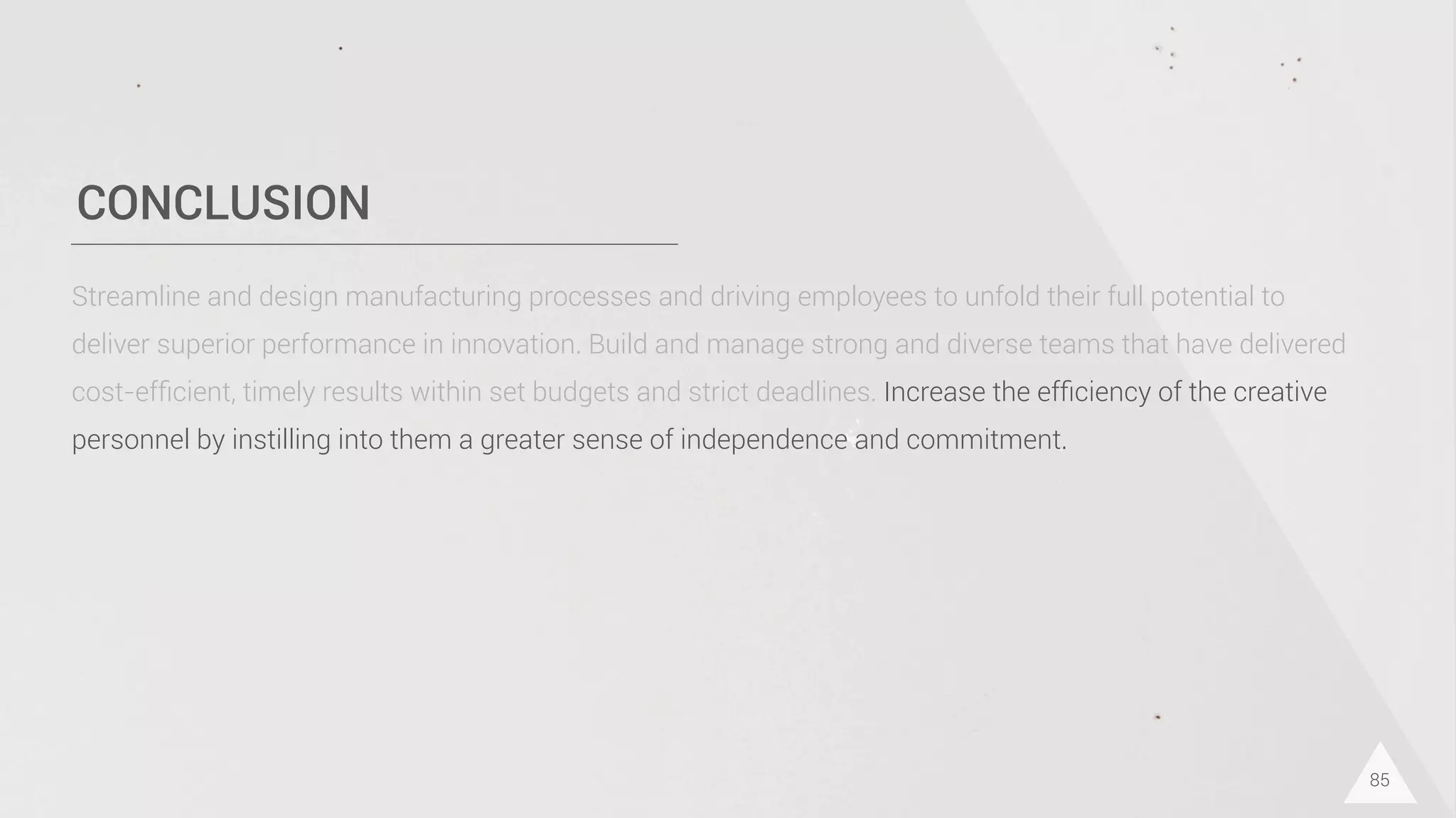 CONCLUSION
85
Streamline and design manufacturing processes and driving employees to unfold their full potential to
deliver superior performance in innovation. Build and manage strong and diverse teams that have delivered
cost-efﬁcient, timely results within set budgets and strict deadlines. Increase the efﬁciency of the creative
personnel by instilling into them a greater sense of independence and commitment.
 