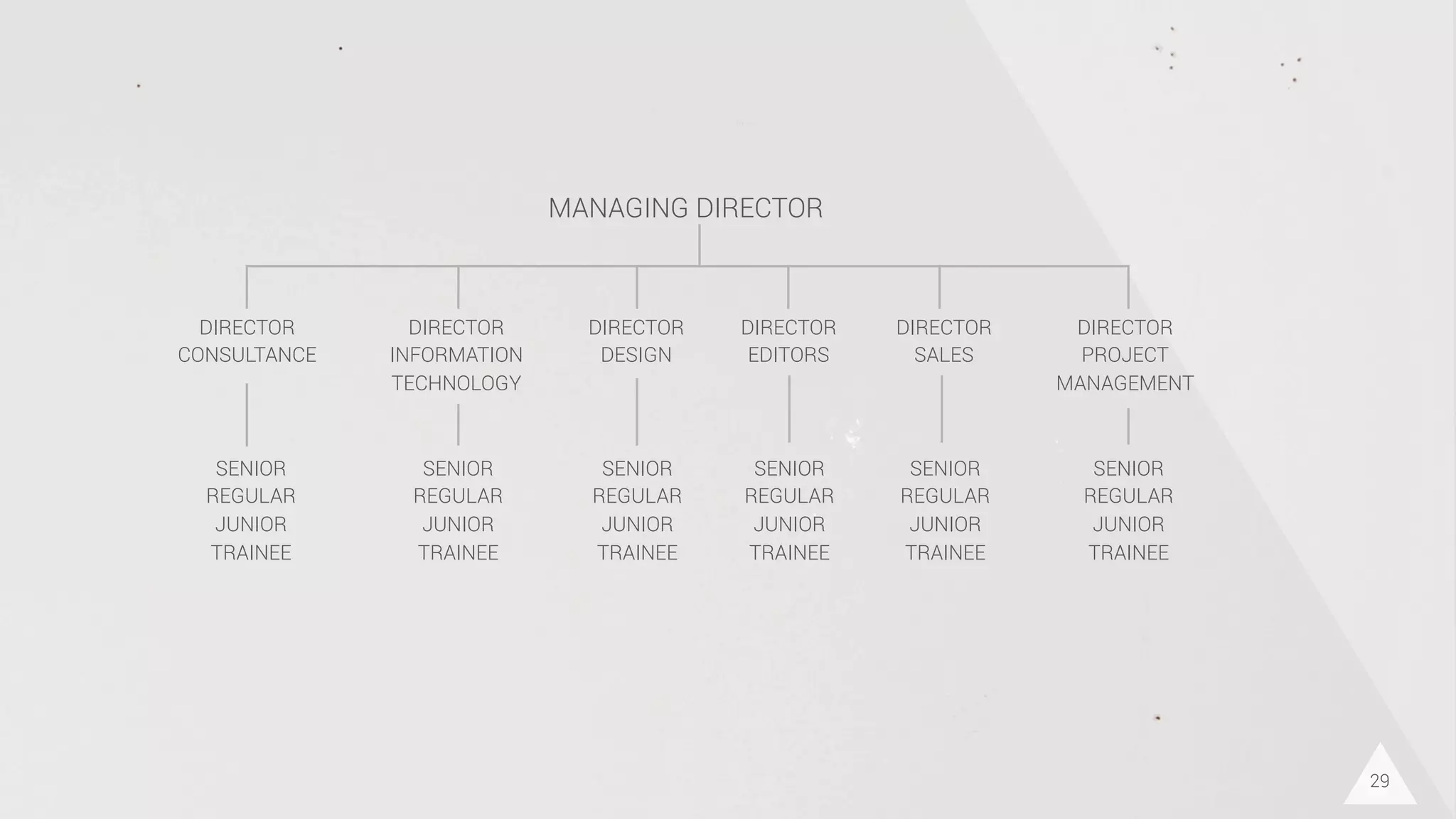 29
SENIOR
REGULAR
JUNIOR
TRAINEE
SENIOR
REGULAR
JUNIOR
TRAINEE
SENIOR
REGULAR
JUNIOR
TRAINEE
SENIOR
REGULAR
JUNIOR
TRAINEE
SENIOR
REGULAR
JUNIOR
TRAINEE
SENIOR
REGULAR
JUNIOR
TRAINEE
DIRECTOR
CONSULTANCE
DIRECTOR
INFORMATION
TECHNOLOGY
DIRECTOR
DESIGN
DIRECTOR
EDITORS
DIRECTOR
SALES
DIRECTOR
PROJECT
MANAGEMENT
MANAGING DIRECTOR
 