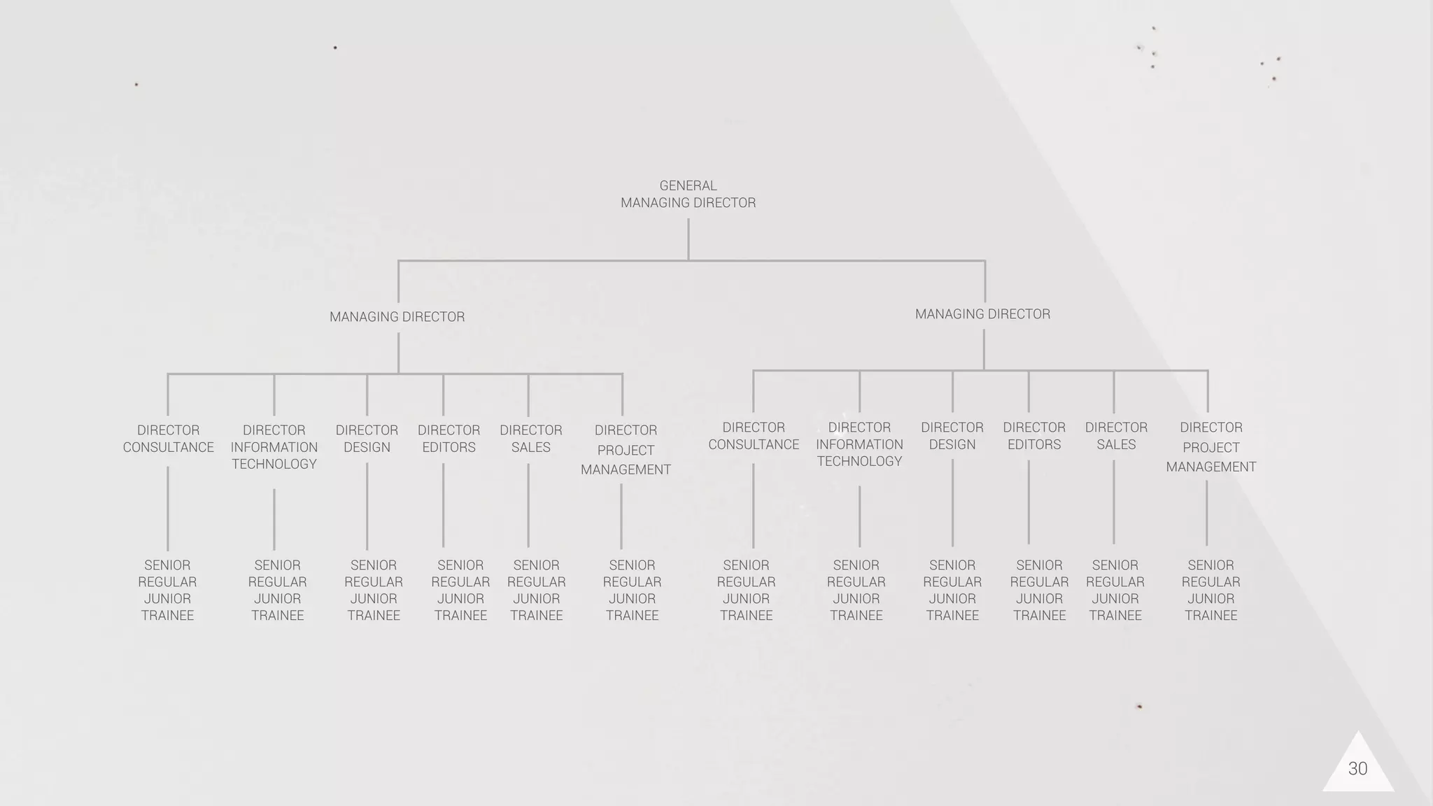 30
MANAGING DIRECTOR MANAGING DIRECTOR
DIRECTOR
CONSULTANCE
DIRECTOR
INFORMATION
TECHNOLOGY
DIRECTOR
DESIGN
DIRECTOR
EDITORS
DIRECTOR
SALES
DIRECTOR
PROJECT
MANAGEMENT
DIRECTOR
CONSULTANCE
DIRECTOR
INFORMATION
TECHNOLOGY
DIRECTOR
DESIGN
DIRECTOR
EDITORS
DIRECTOR
SALES
DIRECTOR
PROJECT
MANAGEMENT
SENIOR
REGULAR
JUNIOR
TRAINEE
SENIOR
REGULAR
JUNIOR
TRAINEE
SENIOR
REGULAR
JUNIOR
TRAINEE
SENIOR
REGULAR
JUNIOR
TRAINEE
SENIOR
REGULAR
JUNIOR
TRAINEE
SENIOR
REGULAR
JUNIOR
TRAINEE
SENIOR
REGULAR
JUNIOR
TRAINEE
SENIOR
REGULAR
JUNIOR
TRAINEE
SENIOR
REGULAR
JUNIOR
TRAINEE
SENIOR
REGULAR
JUNIOR
TRAINEE
SENIOR
REGULAR
JUNIOR
TRAINEE
SENIOR
REGULAR
JUNIOR
TRAINEE
GENERAL
MANAGING DIRECTOR
 