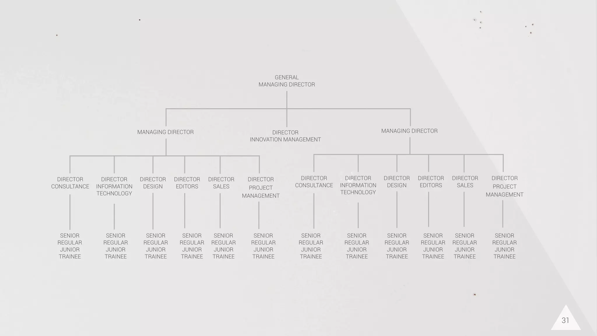 MANAGING DIRECTOR MANAGING DIRECTOR
DIRECTOR
CONSULTANCE
DIRECTOR
INFORMATION
TECHNOLOGY
DIRECTOR
DESIGN
DIRECTOR
EDITORS
DIRECTOR
SALES
DIRECTOR
PROJECT
MANAGEMENT
DIRECTOR
CONSULTANCE
DIRECTOR
INFORMATION
TECHNOLOGY
DIRECTOR
DESIGN
DIRECTOR
EDITORS
DIRECTOR
SALES
DIRECTOR
PROJECT
MANAGEMENT
SENIOR
REGULAR
JUNIOR
TRAINEE
SENIOR
REGULAR
JUNIOR
TRAINEE
SENIOR
REGULAR
JUNIOR
TRAINEE
SENIOR
REGULAR
JUNIOR
TRAINEE
SENIOR
REGULAR
JUNIOR
TRAINEE
SENIOR
REGULAR
JUNIOR
TRAINEE
SENIOR
REGULAR
JUNIOR
TRAINEE
SENIOR
REGULAR
JUNIOR
TRAINEE
SENIOR
REGULAR
JUNIOR
TRAINEE
SENIOR
REGULAR
JUNIOR
TRAINEE
SENIOR
REGULAR
JUNIOR
TRAINEE
SENIOR
REGULAR
JUNIOR
TRAINEE
GENERAL
MANAGING DIRECTOR
DIRECTOR
INNOVATION MANAGEMENT
31
 