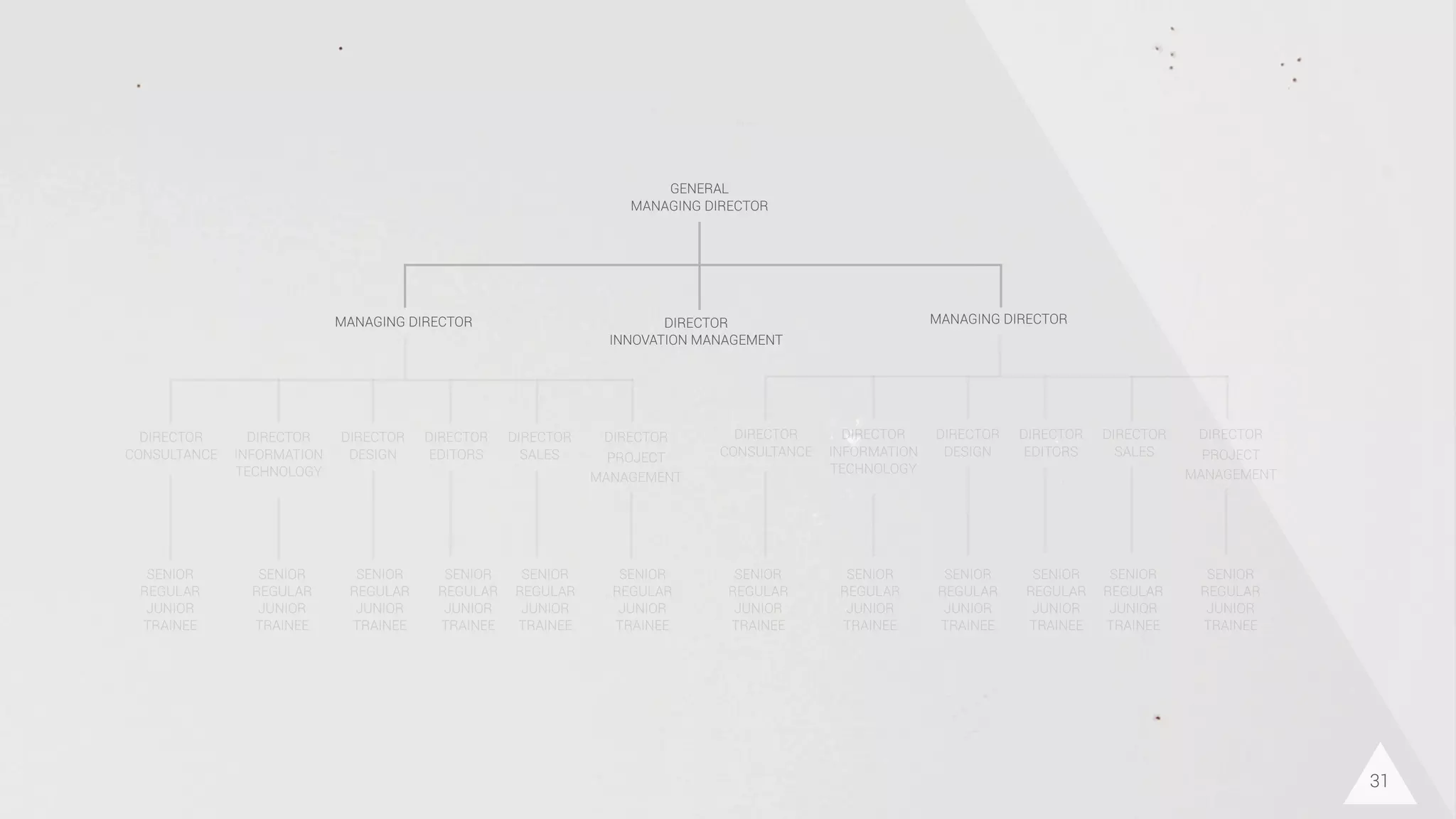 MANAGING DIRECTOR MANAGING DIRECTOR
DIRECTOR
CONSULTANCE
DIRECTOR
INFORMATION
TECHNOLOGY
DIRECTOR
DESIGN
DIRECTOR
EDITORS
DIRECTOR
SALES
DIRECTOR
PROJECT
MANAGEMENT
DIRECTOR
CONSULTANCE
DIRECTOR
INFORMATION
TECHNOLOGY
DIRECTOR
DESIGN
DIRECTOR
EDITORS
DIRECTOR
SALES
DIRECTOR
PROJECT
MANAGEMENT
SENIOR
REGULAR
JUNIOR
TRAINEE
SENIOR
REGULAR
JUNIOR
TRAINEE
SENIOR
REGULAR
JUNIOR
TRAINEE
SENIOR
REGULAR
JUNIOR
TRAINEE
SENIOR
REGULAR
JUNIOR
TRAINEE
SENIOR
REGULAR
JUNIOR
TRAINEE
SENIOR
REGULAR
JUNIOR
TRAINEE
SENIOR
REGULAR
JUNIOR
TRAINEE
SENIOR
REGULAR
JUNIOR
TRAINEE
SENIOR
REGULAR
JUNIOR
TRAINEE
SENIOR
REGULAR
JUNIOR
TRAINEE
SENIOR
REGULAR
JUNIOR
TRAINEE
GENERAL
MANAGING DIRECTOR
DIRECTOR
INNOVATION MANAGEMENT
31
 