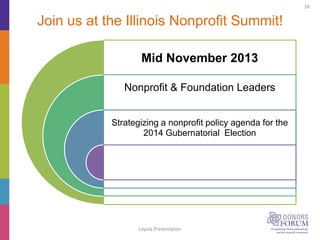 Join us at the Illinois Nonprofit Summit!
Loyola Presentation
18
Mid November 2013
Nonprofit & Foundation Leaders
Strategizing a nonprofit policy agenda for the
2014 Gubernatorial Election
 