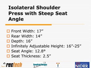 Isolateral Shoulder
Press with Steep Seat
Angle
 Front Width: 17”
 Rear Width: 14”
 Depth: 16”
 Infinitely Adjustable Height: 16”-25”
 Seat Angle: 12.8°
 Seat Thickness: 2.5”
 