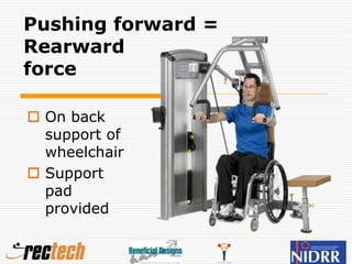 Pushing forward =
Rearward
force
 On back
support of
wheelchair
 Support
pad
provided
 
