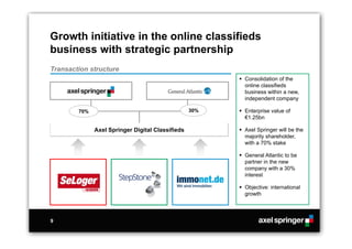 Growth initiative in the online classifieds
business with strategic partnership
Transaction structure
                                                         Consolidation of the
                                                          online classifieds
                                                          business within a new,




                                                                   Marketplaces
                                                                   Classifieds /
                                                          independent company

        70%                                       30%    Enterprise value of
                                                          €1.25bn

              Axel Springer Digital Classifieds          Axel Springer will be the
                                                          majority shareholder,
                                                          with a 70% stake

                                                         General Atlantic to be
                                                          partner in the new
                                                          company with a 30%
                                                          interest

                                                         Objective: international
                                                          growth



9
 