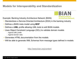 Models for Interoperability and Standardization



Example: Banking Industry Architecture Network (BIAN)
 Standardizes a Service-Oriented Architecture (SOA) in the banking industry
 Defines a BIAN meta model using MOF
 Defines a UML profile allowing UML tools to edit BIAN models
 Uses Object Constraint Language (OCL) to validate domain models
       o Against UML profile
       o Against domain rules
 Generates HTML documentation from the models
 Will be able to generate XML Schemas from message types defined in models



                                      http://www.bian.org/content



© 2011 SAP AG. All rights reserved.                                            19
 