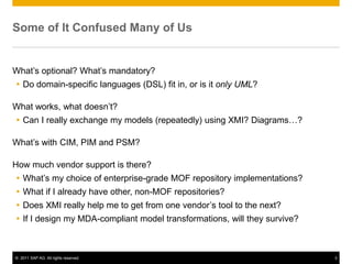 Some of It Confused Many of Us


What’s optional? What’s mandatory?
 Do domain-specific languages (DSL) fit in, or is it only UML?

What works, what doesn’t?
 Can I really exchange my models (repeatedly) using XMI? Diagrams…?

What’s with CIM, PIM and PSM?

How much vendor support is there?
 What’s my choice of enterprise-grade MOF repository implementations?
 What if I already have other, non-MOF repositories?
 Does XMI really help me to get from one vendor’s tool to the next?
 If I design my MDA-compliant model transformations, will they survive?



© 2011 SAP AG. All rights reserved.                                        3
 