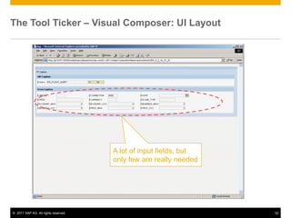 The Tool Ticker – Visual Composer: UI Layout




                                      A lot of input fields, but
                                      only few are really needed




© 2011 SAP AG. All rights reserved.                                32
 