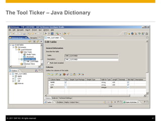 The Tool Ticker – Java Dictionary




© 2011 SAP AG. All rights reserved.   41
 