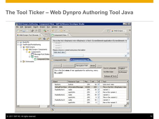 The Tool Ticker – Web Dynpro Authoring Tool Java




© 2011 SAP AG. All rights reserved.                74
 