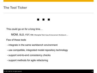 The Tool Ticker




    This could go on for a long time…
                                        ...
             MOM, SLD, FDT, KM, Shanghai Tool, Easy Enhancement Workbench, ...
    Few of these tools

     - integrate in the same workbench environment

     - use compatible, integrated model repository technology

     - support end-to-end consistency checks

     - support methods for agile refactoring



© 2011 SAP AG. All rights reserved.                                              75
 