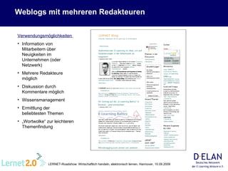 Weblogs mit mehreren Redakteuren Verwendungsmöglichkeiten  Information von Mitarbeitern über Neuigkeiten im Unternehmen (oder Netzwerk) Mehrere Redakteure möglich Diskussion durch Kommentare möglich Wissensmanagement Ermittlung der beliebtesten Themen  „ Wortwolke“ zur leichteren Themenfindung  