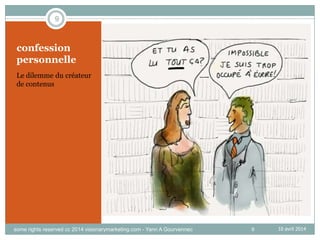 9
confession
personnelle
Le dilemme du créateur
de contenus
10 avril 2014some rights reserved cc 2014 visionarymarketing.c...