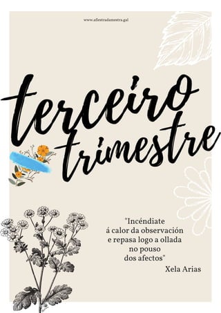 "Incéndiate
á calor da observación
e repasa logo a ollada
no pouso
dos afectos"
Xela Arias
www.afiestradamestra.gal
 