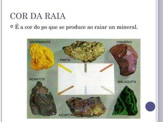 COR DA RAIA
 É a cor do po que se produce ao raiar un mineral.
OROPIMENTE
PIRITA
CINABRIO
MALAQUITA
AZURITA
HEMATITE
 