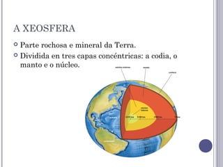 A XEOSFERA
 Parte rochosa e mineral da Terra.
 Dividida en tres capas concéntricas: a codia, o
manto e o núcleo.
 