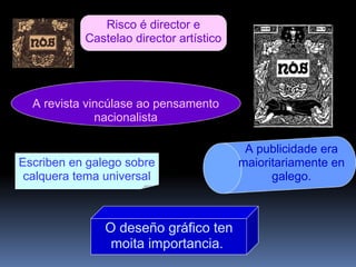 Risco é director e
Castelao director artístico
A revista vincúlase ao pensamento
nacionalista
Escriben en galego sobre
calquera tema universal
A publicidade era
maioritariamente en
galego.
O deseño gráfico ten
moita importancia.
 