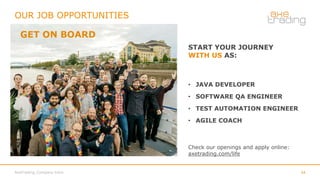 AxeTrading_Company Intro 11
START YOUR JOURNEY
WITH US AS:
• JAVA DEVELOPER
• SOFTWARE QA ENGINEER
• TEST AUTOMATION ENGIN...