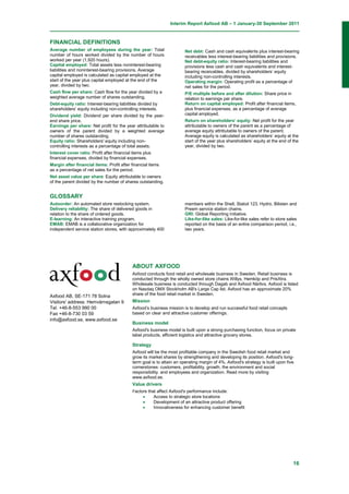 Interim Report Axfood AB – 1 January-30 September 2011



FINANCIAL DEFINITIONS
Average number of employees during the year: Total                       Net debt: Cash and cash equivalents plus interest-bearing
number of hours worked divided by the number of hours                    receivables less interest-bearing liabilities and provisions.
worked per year (1,920 hours).                                           Net debt-equity ratio: Interest-bearing liabilities and
Capital employed: Total assets less noninterest-bearing                  provisions less cash and cash equivalents and interest-
liabilities and noninterest-bearing provisions. Average                  bearing receivables, divided by shareholders’ equity
capital employed is calculated as capital employed at the                including non-controlling interests.
start of the year plus capital employed at the end of the                Operating margin: Operating profit as a percentage of
year, divided by two.                                                    net sales for the period.
Cash flow per share: Cash flow for the year divided by a                 P/E multiple before and after dilution: Share price in
weighted average number of shares outstanding.                           relation to earnings per share.
Debt-equity ratio: Interest-bearing liabilities divided by               Return on capital employed: Profit after financial items,
shareholders’ equity including non-controlling interests.                plus financial expenses, as a percentage of average
Dividend yield: Dividend per share divided by the year-                  capital employed.
end share price.                                                         Return on shareholders’ equity: Net profit for the year
Earnings per share: Net profit for the year attributable to              attributable to owners of the parent as a percentage of
owners of the parent divided by a weighted average                       average equity attributable to owners of the parent.
number of shares outstanding.                                            Average equity is calculated as shareholders’ equity at the
Equity ratio: Shareholders' equity including non-                        start of the year plus shareholders’ equity at the end of the
controlling interests as a percentage of total assets.                   year, divided by two.
Interest cover ratio: Profit after financial items plus
financial expenses, divided by financial expenses.
Margin after financial items: Profit after financial items
as a percentage of net sales for the period.
Net asset value per share: Equity attributable to owners
of the parent divided by the number of shares outstanding.


GLOSSARY
Autoorder: An automated store restocking system.                         members within the Shell, Statoil 123, Hydro, Bilisten and
Delivery reliability: The share of delivered goods in                    Preem service station chains.
relation to the share of ordered goods.                                  GRI: Global Reporting Initiative.
E-learning: An interactive training program.                             Like-for-like sales: Like-for-like sales refer to store sales
EMAB: EMAB is a collaborative organization for                           reported on the basis of an entire comparison period, i.e.,
independent service station stores, with approximately 400               two years.




                                            ABOUT AXFOOD
                                            Axfood conducts food retail and wholesale business in Sweden. Retail business is
                                            conducted through the wholly owned store chains Willys, Hemköp and PrisXtra.
                                            Wholesale business is conducted through Dagab and Axfood Närlivs. Axfood is listed
                                            on Nasdaq OMX Stockholm AB's Large Cap list. Axfood has an approximate 20%
Axfood AB, SE-171 78 Solna                  share of the food retail market in Sweden.
Visitors' address: Hemvärnsgatan 9          Mission
Tel. +46-8-553 990 00                       Axfood’s business mission is to develop and run successful food retail concepts
Fax +46-8-730 03 59                         based on clear and attractive customer offerings.
info@axfood.se, www.axfood.se
                                            Business model
                                            Axfood's business model is built upon a strong purchasing function, focus on private
                                            label products, efficient logistics and attractive grocery stores.

                                            Strategy
                                            Axfood will be the most profitable company in the Swedish food retail market and
                                            grow its market shares by strengthening and developing its position. Axfood's long-
                                            term goal is to attain an operating margin of 4%. Axfood's strategy is built upon five
                                            cornerstones: customers, profitability, growth, the environment and social
                                            responsibility. and employees and organization. Read more by visiting
                                            www.axfood.se.
                                            Value drivers
                                            Factors that affect Axfood's performance include:
                                                  •       Access to strategic store locations
                                                  •       Development of an attractive product offering
                                                  •       Innovativeness for enhancing customer benefit




                                                                                                                                    16
 