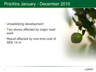 PrisXtra January - December 2010



• Unsatisfying development
• Two stores affected by major road
  work
• Result affected by one time cost of
  SEK 14 m




5
 