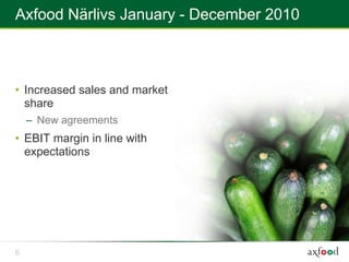 Axfood Närlivs January - December 2010



• Increased sales and market
  share
    – New agreements
• EBIT margin in line with
  expectations




6
 