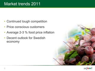 Market trends 2011



• Continued tough competition
• Price conscious customers
• Average 2-3 % food price inflation
• Decent outlook for Swedish
  economy




8
 
