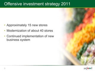 Offensive investment strategy 2011



• Approximately 15 new stores
• Modernization of about 40 stores
• Continued implementation of new
  business system




9
 