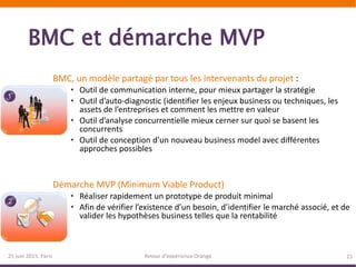 BMC et démarche MVP
BMC, un modèle partagé par tous les intervenants du projet :
• Outil de communication interne, pour mieux partager la stratégie
• Outil d’auto-diagnostic (identifier les enjeux business ou techniques, les
assets de l’entreprises et comment les mettre en valeur
• Outil d’analyse concurrentielle mieux cerner sur quoi se basent les
concurrents
• Outil de conception d’un nouveau business model avec différentes
approches possibles
Démarche MVP (Minimum Viable Product)
• Réaliser rapidement un prototype de produit minimal
• Afin de vérifier l’existence d’un besoin, d’identifier le marché associé, et de
valider les hypothèses business telles que la rentabilité
25 juin 2015, Paris Retour d’expérience Orange 15
1
2
 