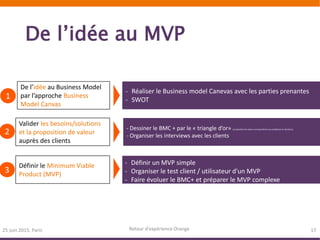 De l’idée au MVP
25 juin 2015, Paris Retour d’expérience Orange 17
De l’idée au Business Model
par l’approche Business
Model Canvas
1
- Réaliser le Business model Canevas avec les parties prenantes
- SWOT
Valider les besoins/solutions
et la proposition de valeur
auprès des clients
2
Définir le Minimum Viable
Product (MVP)
3
- Définir un MVP simple
- Organiser le test client / utilisateur d'un MVP
- Faire évoluer le BMC+ et préparer le MVP complexe
- Dessiner le BMC + par le « triangle d’or» ( proposition de valeur correspondants aux problèmes et solutions)
- Organiser les interviews avec les clients
 