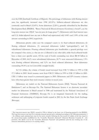 32
over the CDI (Interbank Certificate of Deposit). The percentage of debentures with floating interest
rates has significantly increased since 1998 (42.12%). Inflation-adjusted debentures are also
commonly used in Brazil (12.45%). Some debentures (2.26%), generally subscribed by the Brazilian
Development Bank (BNDES, “Banco Nacional de Desenvolvimento Econômico e Social”), use the
long-term interest rate (TJLP, “taxa de juros de longo prazo”1
). Debentures with fixed interest rates
and U.S. dollar-adjusted rates are rare in Brazil and represented only 0.04% and 3.18% of the total
amount outstanding in 2005, respectively.
Debentures priority order over the company’s assets is: (1) fixed collateral debentures; (2)
floating collateral debentures; (3) unsecured debentures (called “quirografárias”); and (4)
subordinated debentures. Floating collateral debentures give bondholders a general privilege over
the company’s free assets, i.e. that are not a collateral to any other debt, while fixed collateral bonds
have a claim over specific assets. Of the total of bonds outstanding was about R$ 85 billion in
December of 2005, 66.2% were subordinated debentures, 26.7% were unsecured debentures, 1.9%
were floating collateral debentures, and 5.2% are fixed collateral debentures. Most debentures
outstanding (94.4%) are not convertible (straight bonds).
In U.S. dollars, the volume of bonds issued increased from US$ 7.5 billion in 1995 to US$
17.1 billion in 2005. Stock issuance went from US$ 2.1 billion in 1995 to US$ 1.9 billion in 2005.
US$ 1.1 billion were issued in commercial papers in 2005. Debentures and CP’s issuance volumes
have often been greater than stock issuance volumes in recent years.
Debentures are traded on the National Debentures System (SND, “Sistema Nacional de
Debêntures”) and on Bovespa Fix. The National Debenture System is an electronic secondary
market for debentures in Brazil created in 1988 and maintained by the National Association of
Financial Institutions (ANDIMA). Bovespa Fix is an integrated framework for the trading,
settlement and safekeeping of corporate bonds created in 2001 by the São Paulo Stock Exchange
(Bovespa).
1 The long-term interest rate (TJLP), created in 1994, is defined as the basic cost of financing granted by the BNDES.
The long term interest rate lasts for a calendar-trimester period and is calculated according to the following parameters: I
- the inflation mark calculated pro rata for the twelve months following the first month of validity of the rate, based in
the annual fixed marks established by the “Conselho Monetário Nacional” (National Monetary Council); II - risk
premium. The TJLP is set by the “Conselho Monetário Nacional” and published until the last working day of the
trimester immediately previous to its starting validity.
 