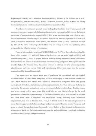 38
Regarding the currency, the U.S. dollar is dominant (88.96%), followed by the Brazilian real (8.20%),
the yen (1.93%), and the euro (0.91%). Banco Votorantim, Unibanco, Banco do Brasil are among
the main international bond issuers denominated in reais (see section 4.2).
Asset-backed securities are generally issued by large Brazilian firms (total revenues, assets and
number of employees are generally higher than those of other companies), which present the highest
proportion of exports in total revenues (14.51%). This is not surprising since most of these asset-
backed securities are related to export receivables. Asset-backed securities represent 16.89% of total
assets, followed by international banks (6.00%), and domestic bonds (5.15%). Derivatives are used
by 80% of the firms, and foreign shareholders have on average a lower stake (12.26%) when
compared to the other two groups of companies.
Financial intermediaries have issued R$ 125.90 billion or 70.17% of the total volume of public
bond offers between 1995 and 2005, followed by electricity, gas and water supply (12.90%), and
manufacturing firms (7.26%). In general, financial firms are leasing companies. Banks cannot issue
bonds but they are allowed to buy bonds from associated leasing companies. Although the amount
issued is highest for financial firms, the number of issues is relatively low (36) when compared to
electricity, gas and water supply (152), and manufacturing (83), which means that the average
amount issued by financial firms is high.
Our results seem to suggest some sort of graduation to international and asset-backed
securities markets. We have found no rigorous Brazilian studies trying to show that this is indeed the
case. When Brazilian real interest rates decline to internationally compatible levels and greater
development of the bond market occurs, will this apparent trend stop? First one could challenge by
saying that this apparent graduation is only an opportunistic behavior of the larger Brazilian issuers
due to the strong real in recent years. One could also say that this is influence by the good
performance of Brazilian exporters in light of favorable commodity prices in recent years as well. On
the other hand, there is indication that international issuers, including some multilateral
organizations, may issue in Brazilian reais. Thus, it is difficult to say if this apparent graduation is
more than the opportunistic behavior or larger and export oriented Brazilian issuers. This could well
come to a halt if the real depreciates, if commodity prices decline, or if the domestic real interest rate
comes down. We do not feel comfortable suggesting that we have identified a trend only by looking
at cross-section 2004 data for Brazilian issuers.
 
