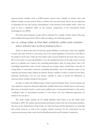 51
macroeconomic variables (such as GDP growth, interest rates, volatility of interest rates, and
inflation) during our time period. There is evidence that macroeconomic factors may be important
to determine the size and currency denomination of the domestic bond market while it does not
seem to have a significant effect on the currency composition of the international bonds
(Eichengreen et al. (2005)).
The basic panel regression model will be estimated for a sample of firms listed at Bovespa
with available information from 1998 to 2004, according to the following equation:
++++++++= ControlVolROAsQ´TobinBook/icePrSizeTangLev 76543210 ββββββββ
εβββββ +++++ YearIndustryCGIOwn/ControlOwn 12111098
where Lev denotes the ratio of total (non equity) liabilities to total assets, Tang is the tangibility
of assets (the ratio of fixed to total assets), Size is the natural logarithm of total assets, Price/Book is
the market-to-book ratio, Tobin’s Q is the market value of assets divided by the book value of assets,
ROA is the return on assets (profitability), Vol is the standard deviation of the daily returns of stock
prices in a calendar year, Control is the controlling shareholder’s stake of voting shares, Own is the
controlling shareholder’s stake of total (voting and non-voting) shares, Control/Own is the ratio of
voting shares to total shares owned by controlling shareholder, CGI is the reduced version of the
corporate governance index, Industry are industry dummy variables in order to control for the firm’s
industrial classification, Year are year dummy variables in order to control for differences in
macroeconomic variables during the time period.
In order to analyze the different types of debt issued by Brazilian firms, we also estimate the
same regression using four alternative dependent variables: Bank (ratio of bank loans to total assets),
Bond (ratio of domestic bonds to total assets), IntBond (ratio of international bonds to total assets),
AssetBacked (ratio of asset-backed securities to total assets). Our four additional regressions are
similar to the one above.
The initial sample includes all 357 public Brazilian firms listed at the São Paulo Stock
Exchange in 2004. The market and accounting information comes from the Economatica database.
The data on the characteristics of the bonds on a firm level basis and the information on ownership
and control structure as well as the company charters necessary for the construction for the
corporate governance index come from the Brazilian Securities and Exchange Commission.
 