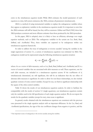 55
exists in the simultaneous equation model. While 2SLS estimates the model parameters of each
equation at a time, full-system estimators, like 3SLS, estimate all parameters simultaneously.
2SLS is a method of using instrumental variables to replace the endogeneous variables where
they appear as explanatory variables in the simultaneous equation model. It is important to note that
the 2SLS estimates will still be biased, but they will be consistent. Zellner and Theil (1962) show that
3SLS produces consistent and more efficient estimates than those produced by the 2SLS procedure.
In this paper, 3SLS is adopted, since it is likely to have an efficiency advantage over single
equation methods, such as 2SLS. The endogenous variables in the system are Lev, Bank, Bond,
IntBond, and AssetBacked. Thus, these variables are expected to be endogenous within our
simultaneous equations framework.
In order to address the issue of endogeneity or reverse causality2
among the variables in the
single regressions of section 5.1, a system of simultaneous equations was estimated via 3SLS. The
endogenous model can be represented using the following simultaneous equation notation:
εϕφα +++= ∑∑ =≠
N
i
ii
ji
iij Xdd
1
where d is as a vector of debt measures, such as Lev, Bank, Bond, IntBond, and AssetBacked, and X is a
vector of control variables that are associated with debt measures as well. These equations, one for
each debt measure, are included in a simultaneous equation system. If the coefficients of d,
simultaneously determined, are still significant, this will be an indication that the net effect of
alternate debt measures is significant. In order to allow for non-linear relationships, we also include
quadratic versions of some control variables. Except for size, we find no significant relationship with
the square of the other control variables.
Table 16 shows the results of our simultaneous equations analysis. In order to facilitate the
comparability with the results of section 5.1 (single equations), our simultaneous equations contain
only the variables used in the full specification of each single equation analysis. We do not report the
results for the quadratic variables (except for size), since none is significant.
In general, results obtained with the simultaneous equations are consistent with the previous
ones presented in the single equation analysis with an important difference. In the Lev, Bond, and
AssetBacked specifications, the sign of the size coefficient changes from negative to positive, and the
2 One important source of endogeneity is the reverse causality among the variables.
 