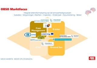 Case
Management
E-loket
O365 Ground lion
OBSO Marktfocus
Integrale keteninformatisering van de kernoverheidsprocessen:
Subsidies – Vergunningen –Klachten – Inspecties – Onderzoek – Documentering - Beleid
MEER AMBITIE. MEER OPLOSSINGEN.
 