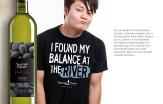 Axia partnered with Great Destination
Strategies to develop a regional brand for
the Russian River Resort Area in Sonoma
County, California. A second phase of
the program included the design of a
wayfinding system to tie Russian River
communities together and to help
package the region as a unique and self-
contained destination.
 