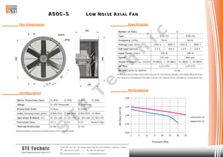 AAA 555 000 CCC --- SSS LLL OOO WWW NNN OOO III SSS EEE AAA XXX III AAA LLL FFF AAA NNN
Cevizli Mh. Hızır Reis Sk. Dragos Park Plaza No:10/24 Maltepe - Istanbul / Turkey
 +90 216 672 3259 •  +90 216 684 0567
 www.stetechnic.com •  info@stetechnic.com
STE Technic
ProjectEngineering Services Trade Ltd. Co.
________ Fan Dimensions
________ Configuration
________ Specification
________ Performance
Motor Protection Class  IP55  IP56  IP65  IP66
Wings
Protection Grids
Color (housing,motor,grids)  RAL7031  RAL7032  RAL7033  Other
Operation Ambient (°C)  -25~+60  -25~+70  -40~+60  -40~+70
Corrosion Class  C3  C4  C5 Medium/High
Thermal Protection
Thermal protection requires an external control unit or relay to operate.
 Rear
 No  Yes
 GFR Polyamide  Aluminum
 Front
Number of Poles
Type
Frequency (±2%)
Voltage (3ph. ±5%) 230V ∆ / 400V Y 278V ∆ / 480V Y
Full Load Current 1,4 A / 0,8 A 1,4 A / 0,8 A
Input Power (max.)
Speed
Sound Pressure (LPA 1m/2m) 59 dB(A) / 54 dB(A) 61 dB(A) / 56 dB(A)
Air Flow
Weight (varies by options)
Air flow and sound pressure level (SPL) are given for free blowing operation with inlet&outlet guard grids.
SPL values at 1m are measured from side of the fan. SPL values at 2m are calculated by inverse square law.
8
60 Hz
A50C-S5 A50C-S6
50 Hz
864 rpm
240 W 280 W
720 rpm
21 kg
1,21 m³/s 1,39 m³/s
0,00
0,50
1,00
1,50
2,00
0 5 10 15 20 25 30 35
AirFlow[m³/s]
Pressure [Pa]
A50C-S5
A50C-S6
S
T
E
T
e
c
h
n
ic
 