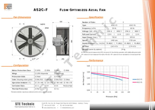 AAA 555 222 CCC --- FFF FFF LLL OOO WWW OOO PPP TTT III MMM III ZZZ EEE DDD AAA XXX III AAA LLL FFF AAA NNN
Cevizli Mh. Hızır Reis Sk. Dragos Park Plaza No:10/24 Maltepe - Istanbul / Turkey
 +90 216 672 3259 •  +90 216 684 0567
 www.stetechnic.com •  info@stetechnic.com
STE Technic
ProjectEngineering Services Trade Ltd. Co.
________ Fan Dimensions
________ Configuration
________ Specification
________ Performance
Motor Protection Class  IP55  IP56  IP65  IP66
Wings
Protection Grids
Color (housing,motor,grids)  RAL7031  RAL7032  RAL7033  Other
Operation Ambient (°C)  -25~+60  -25~+70  -40~+60  -40~+70
Corrosion Class  C3  C4  C5 Medium/High
Thermal Protection
Thermal protection requires an external control unit or relay to operate.
 Rear
 No  Yes
 GFR Polyamide  Aluminum
 Front
Number of Poles
Type
Frequency (±2%)
Voltage (3ph. ±5%) 230V ∆ / 400V Y 278V ∆ / 480V Y
Full Load Current 2,8 A / 1,6 A 2,8 A / 1,6 A
Input Power (max.)
Speed
Sound Pressure (LPA 1m/2m) 76 dB(A) / 71 dB(A) 81 dB(A) / 76 dB(A)
Air Flow
Weight (varies by options)
Air flow and sound pressure level (SPL) are given for free blowing operation with inlet&outlet guard grids.
SPL values at 1m are measured from side of the fan. SPL values at 2m are calculated by inverse square law.
24 kg
2,63 m³/s 2,74 m³/s
730 W 870 W
1440 rpm 1728 rpm
A52C-F5 A52C-F6
50 Hz 60 Hz
4
0,00
1,00
2,00
3,00
4,00
0 25 50 75 100 125 150
AirFlow[m³/s]
Pressure [Pa]
A52C-F5
A52C-F6
S
T
E
T
e
c
h
n
ic
 