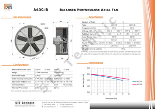 AAA 666 333 CCC --- BBB BBB AAA LLL AAA NNN CCC EEE DDD PPP EEE RRR FFF OOO RRR MMM AAA NNN CCC EEE AAA XXX III AAA LLL FFF AAA NNN
Cevizli Mh. Hızır Reis Sk. Dragos Park Plaza No:10/24 Maltepe - Istanbul / Turkey
 +90 216 672 3259 •  +90 216 684 0567
 www.stetechnic.com •  info@stetechnic.com
STE Technic
ProjectEngineering Services Trade Ltd. Co.
________ Fan Dimensions
________ Configuration
________ Specification
________ Performance
Motor Protection Class  IP55  IP56  IP65  IP66
Wings
Protection Grids
Color (housing,motor,grids)  RAL7031  RAL7032  RAL7033  Other
Operation Ambient (°C)  -25~+60  -25~+70  -40~+60  -40~+70
Corrosion Class  C3  C4  C5 Medium/High
Thermal Protection
Thermal protection requires an external control unit or relay to operate.
 Rear
 No  Yes
 GFR Polyamide  Aluminum
 Front
Number of Poles
Type
Frequency (±2%)
Voltage (3ph. ±5%) 230V ∆ / 400V Y 278V ∆ / 480V Y
Full Load Current 1,9 A / 1,1 A 1,9 A / 1,1 A
Input Power (max.)
Speed
Sound Pressure (LPA 1m/2m) 67 dB(A) / 62 dB(A) 72 dB(A) / 67 dB(A)
Air Flow
Weight (varies by options)
Air flow and sound pressure level (SPL) are given for free blowing operation with inlet&outlet guard grids.
SPL values at 1m are measured from side of the fan. SPL values at 2m are calculated by inverse square law.
6
A63C-B5 A63C-B6
50 Hz 60 Hz
450 W 520 W
960 rpm 1152 rpm
29 kg
2,81 m³/s 2,90 m³/s
0,00
1,00
2,00
3,00
4,00
0 15 30 45 60 75 90
AirFlow[m³/s]
Pressure [Pa]
A63C-B5
A63C-B6
S
T
E
T
e
c
h
n
ic
 