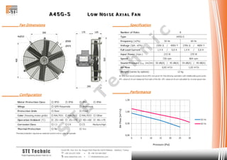 AAA 444 555 GGG --- SSS LLL OOO WWW NNN OOO III SSS EEE AAA XXX III AAA LLL FFF AAA NNN
Cevizli Mh. Hızır Reis Sk. Dragos Park Plaza No:10/24 Maltepe - Istanbul / Turkey
 +90 216 672 3259 •  +90 216 684 0567
 www.stetechnic.com •  info@stetechnic.com
STE Technic
ProjectEngineering Services Trade Ltd. Co.
________ Fan Dimensions
________ Configuration
________ Specification
________ Performance
Motor Protection Class  IP55  IP56  IP65  IP66
Wings
Protection Grids
Color (housing,motor,grids)  RAL7031  RAL7032  RAL7033  Other
Operation Ambient (°C)  -25~+60  -25~+70  -40~+60  -40~+70
Corrosion Class  C3  C4  C5 Medium/High
Thermal Protection
Thermal protection requires an external control unit or relay to operate.
 Rear
 No  Yes
 GFR Polyamide  Aluminum
 Front
Number of Poles
Type
Frequency (±2%)
Voltage (3ph. ±5%) 230V ∆ / 400V Y 278V ∆ / 480V Y
Full Load Current 1,4 A / 0,8 A 1,4 A / 0,8 A
Input Power (max.)
Speed
Sound Pressure (LPA 1m/2m) 50 dB(A) / 45 dB(A) 54 dB(A) / 49 dB(A)
Air Flow
Weight (varies by options)
Air flow and sound pressure level (SPL) are given for free blowing operation with inlet&outlet guard grids.
SPL values at 1m are measured from side of the fan. SPL values at 2m are calculated by inverse square law.
8
A45G-S
270 W
50 Hz 60 Hz
215 W
1,02 m³/s
720 rpm 864 rpm
12 kg
0,82 m³/s
0,00
0,50
1,00
1,50
0 5 10 15 20 25 30
AirFlow[m³/s]
Pressure [Pa]
50 Hz
60 Hz
S
T
E
T
e
c
h
n
ic
 