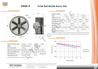 AAA 555 000 CCC --- FFF FFF LLL OOO WWW OOO PPP TTT III MMM III ZZZ EEE DDD AAA XXX III AAA LLL FFF AAA NNN
Cevizli Mh. Hızır Reis Sk. Dragos Park Plaza No:10/24 Maltepe - Istanbul / Turkey
 +90 216 672 3259 •  +90 216 684 0567
 www.stetechnic.com •  info@stetechnic.com
STE Technic
ProjectEngineering Services Trade Ltd. Co.
________ Fan Dimensions
________ Configuration
________ Specification
________ Performance
Motor Protection Class  IP55  IP56  IP65  IP66
Wings
Protection Grids
Color (housing,motor,grids)  RAL7031  RAL7032  RAL7033  Other
Operation Ambient (°C)  -25~+60  -25~+70  -40~+60  -40~+70
Corrosion Class  C3  C4  C5 Medium/High
Thermal Protection
Thermal protection requires an external control unit or relay to operate.
 Rear
 No  Yes
 GFR Polyamide  Aluminum
 Front
Number of Poles
Type
Frequency (±2%)
Voltage (3ph. ±5%) 230V ∆ / 400V Y 278V ∆ / 480V Y
Full Load Current 2,6 A / 1,5 A 2,8 A / 1,6 A
Input Power (max.)
Speed
Sound Pressure (LPA 1m/2m) 75 dB(A) / 70 dB(A) 80 dB(A) / 75 dB(A)
Air Flow
Weight (varies by options)
Air flow and sound pressure level (SPL) are given for free blowing operation with inlet&outlet guard grids.
SPL values at 1m are measured from side of the fan. SPL values at 2m are calculated by inverse square law.
4
A50C-F5 A50C-F6
50 Hz 60 Hz
630 W 760 W
1440 rpm 1728 rpm
23 kg
2,39 m³/s 2,50 m³/s
0,00
1,00
2,00
3,00
0 20 40 60 80 100 120
AirFlow[m³/s]
Pressure [Pa]
A50C-F5
A50C-F6
S
T
E
T
e
c
h
n
ic
 