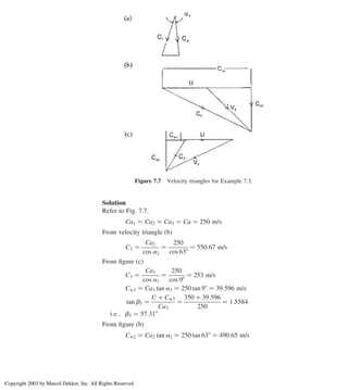 Solution
Refer to Fig. 7.7.
Ca1 ¼ Ca2 ¼ Ca3 ¼ Ca ¼ 250 m/s
From velocity triangle (b)
C2 ¼
Ca2
cos a2
¼
250
cos 638
¼ 550:67 m/s
From ﬁgure (c)
C3 ¼
Ca3
cos a3
¼
250
cos 98
¼ 253 m/s
Cw3 ¼ Ca3 tan a3 ¼ 250 tan 98 ¼ 39:596 m/s
tan b3 ¼
U þ Cw3
Ca3
¼
350 þ 39:596
250
¼ 1:5584
i:e:; b3 ¼ 57:318
From ﬁgure (b)
Cw2 ¼ Ca2 tan a2 ¼ 250 tan 638 ¼ 490:65 m/s
Figure 7.7 Velocity triangles for Example 7.3.
Chapter 7
296
Copyright 2003 by Marcel Dekker, Inc. All Rights Reserved
 