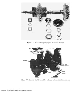 Figure 7.9 Elements of a 908 inward ﬂow radial gas turbine with inlet nozzle ring.
Figure 7.8 Radial turbine photograph of the rotor on the right.
Chapter 7
308
Copyright 2003 by Marcel Dekker, Inc. All Rights Reserved
 