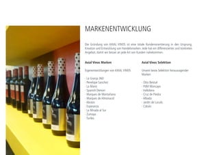 Axial Vinos Marken
Eigenentwicklungen von AXIAL VINOS
· La Granja 360
· Penelope Sanchez
· La Mano
· Divina Lágrima
· Marques de Montañana
· Marques de Almonacid
· Abrazo
· Esperanza
· Zumaya
· Toriles
· 7 Castillos
MARKENENTWICKLUNG
AXIAL ist total Kunde orientiert vom Anfang, Kreation und die Entwicklung von
Kommerzielle Merken. Jede hat ein differenziertes und konkretes Angebot, damit wir
besser an jede Art von Kunden nahekommen.
Anwesentheit auf internationalen Fachmesse. Häufig gekrönte Weine im Wettbewerbe
und specializierte Fachmesse prüfung Magazines. Promotionelle Aktivitäten sind zum
Beispiel promotion im specializierte Magazines and online Media hilfe für Merken.
Axial Vinos Selektion
Unsere beste Selektion herausragender
Marken
· Jardín de Lúculo
· PdM Moncayo
· Bestué
· Vallobera
· Javier San Pedro Rández
· Cruz de Piedra
· Albada
 