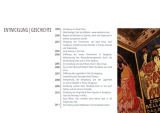 Gründung vonAxialVinos
Gleichzeitiger Start derWebsite www.axialvinos.com
Beginn desVertriebs in Spanien,Asien und Expansion in weitere europäische Länder
Verlegung des Firmensitzes vonAxialVinos nach Saragossa
Erweiterung desVertriebs in Europa, Kanada und Südamerika
JointVenture in der USA
Eröffnung des neuen Firmensitzes in Saragossa.
Verbesserung des Bestandsmanagements durch die Verwendung eines
Just-In-Time-Systems
Die Gründung vonAxialWines USA in New Jersey
Zum ersten Mal prüft Robert Parker dieWeine vonAxialVinos
Eröffnung der Lagerhalle in Pla-Za Saragossa
Entwicklung des KonzeptesAxial Directo
Intergrierung derVerwaltung und der Lagerhalle an einem Standort in Pla-Za Saragossa
Enstehung unsererAxial Facebook-Seite so wie auchTwitter und ein Kanal inYoutube.
Gründung von GrupoAxialVinos Spanien in Saragossa
Start desVertriebs in Afrika
AxialWines USA vertreibt seineWeine jetzt in 45 Staaten der USA
Wichtige Aktionär von Bodega Pagos del Moncayo DO Campo de Borja
DerAnfang unsererWebseiten und Facebooksmarken
Kreation von online Geschäft axialvinos: shop.axialvinos.com
Wichtige Aktionär von Bodegas de la Casa de Lúculo DO Navarra
ECO-PROWINE. Bodega Pagos del Moncayo wird im Rahmen eines Projektes der
Europäischen Kommission als Pilotweingut implantiert und dient als eco-effiziente
Lösungen zur Reduktion der Produktionswirkung
ZUSAMMEN
WACHSEN
SEIT
1999
 